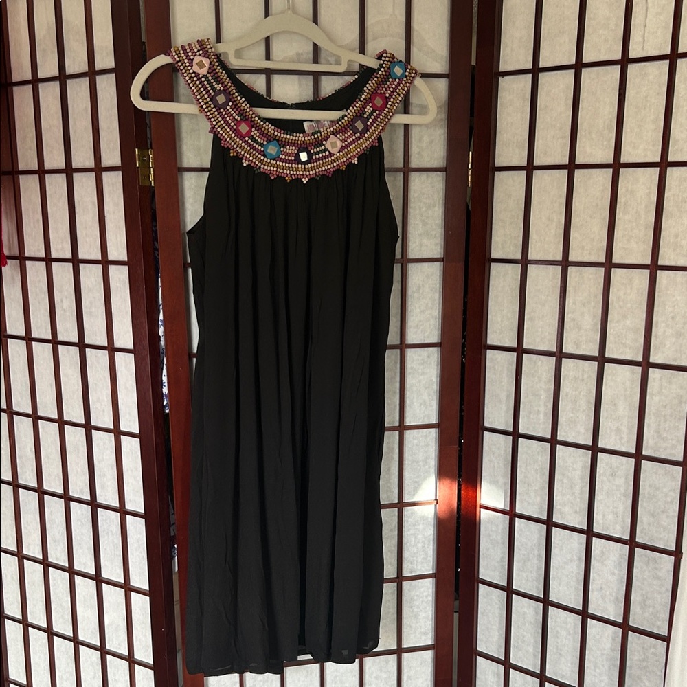 Monique Leshman Black Midi Dress with Multicolor Beaded Collar